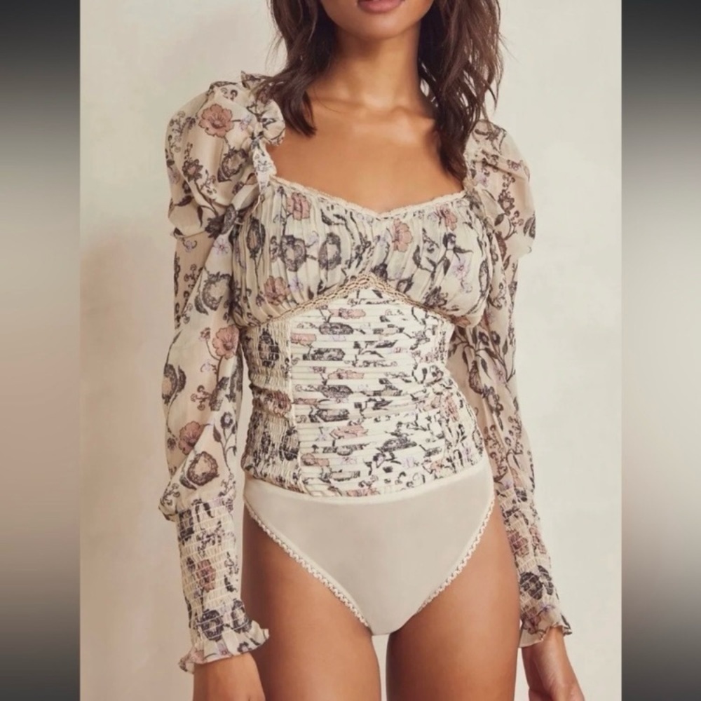 Free People Cream Floral Puff Sleeve Bodysuit